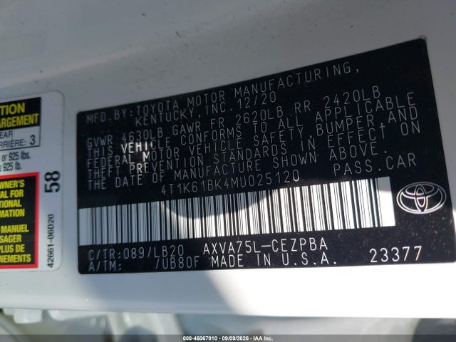 Aukcja sprzedaży 2021 Toyota Camry Xse Awd, vin: 4T1K61BK4MU025120, numer aukcji: 46067010