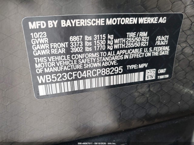 46067011 :رقم المزاد ، WB523CF04RCP88295 vin ، 2024 Bmw Ix Xdrive50 مزاد بيع