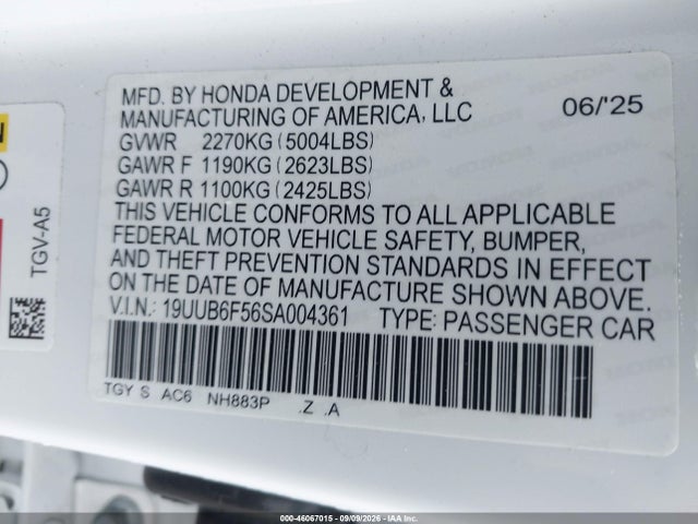 46067015 :رقم المزاد ، 19UUB6F56SA004361 vin ، 2025 Acura Tlx A-spec Package مزاد بيع