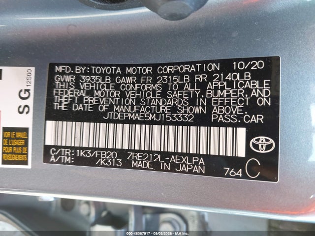 46067017 :رقم المزاد ، JTDEPMAE5MJ153332 vin ، 2021 Toyota Corolla Le مزاد بيع