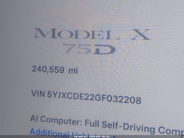 Aukcja sprzedaży 2016 Tesla Model X 60d/70d/75d/90d, vin: 5YJXCDE22GF032208, numer aukcji: 46067027