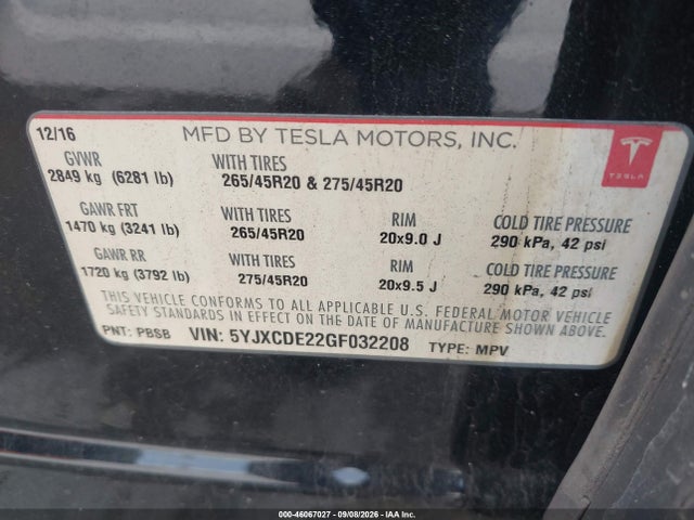 Aukcja sprzedaży 2016 Tesla Model X 60d/70d/75d/90d, vin: 5YJXCDE22GF032208, numer aukcji: 46067027