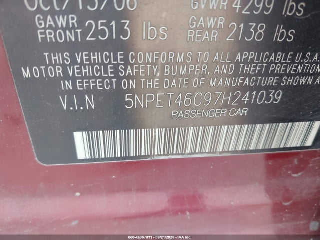 Продаж на аукціоні авто 2007 Hyundai Sonata Gls, vin: 5NPET46C97H241039, номер лоту: 46067031