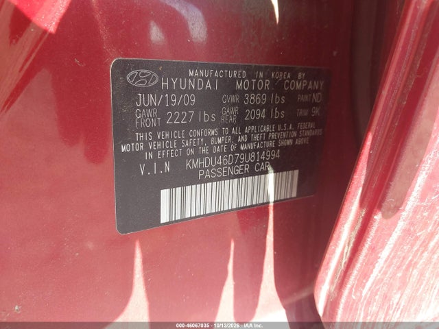 Aukcja sprzedaży 2009 Hyundai Elantra Gls, vin: KMHDU46D79U814994, numer aukcji: 46067035