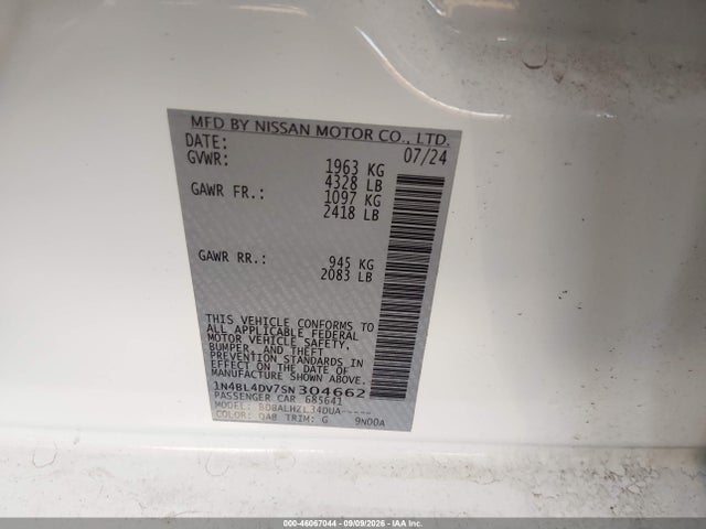 46067044 :رقم المزاد ، 1N4BL4DV7SN304662 vin ، 2025 Nissan Altima Sv Fwd مزاد بيع