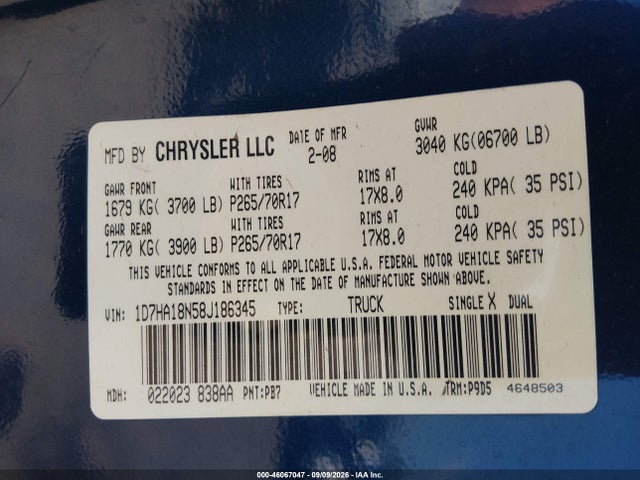 Продаж на аукціоні авто 2008 Dodge Ram 1500 St/sxt, vin: 1D7HA18N58J186345, номер лоту: 46067047