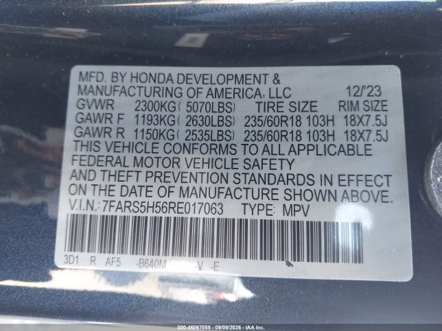 2024 Honda Cr-v Hybrid Sport მანქანა იყიდება აუქციონზე, vin: 7FARS5H56RE017063, აუქციონის ნომერი: 46067058