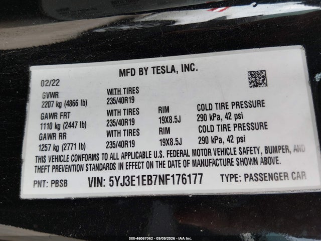 5YJ3E1EB7NF176177 Tesla Model 3 Long Range Dual Motor All-wheel Drive