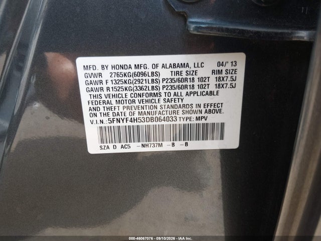 2013 Honda Pilot Ex-l მანქანა იყიდება აუქციონზე, vin: 5FNYF4H53DB064033, აუქციონის ნომერი: 46067076
