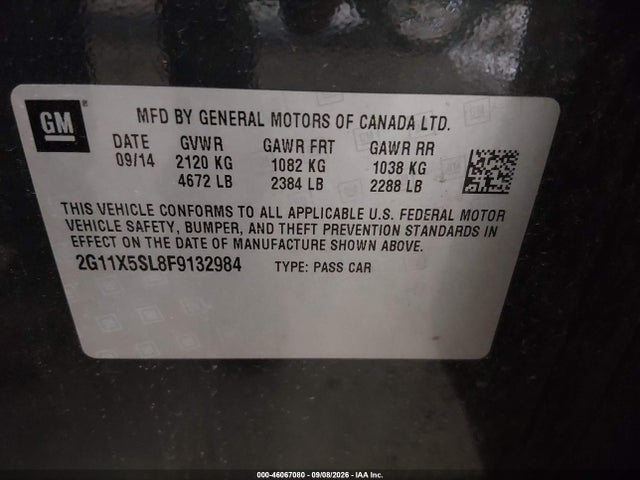 46067080 :رقم المزاد ، 2G11X5SL8F9132984 vin ، 2015 Chevrolet Impala 1fl مزاد بيع