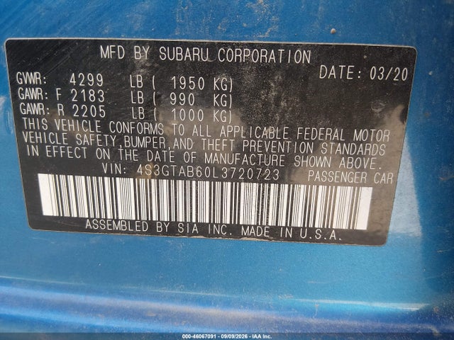 2020 Subaru Impreza 5-door მანქანა იყიდება აუქციონზე, vin: 4S3GTAB60L3720723, აუქციონის ნომერი: 46067091