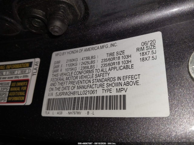 2020 Honda Cr-v Awd Ex-l მანქანა იყიდება აუქციონზე, vin: 5J6RW2H81LL021061, აუქციონის ნომერი: 46067097