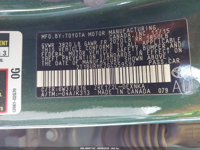 46067102 :رقم المزاد ، 2T1BURHE2GC559597 vin ، 2016 Toyota Corolla Le مزاد بيع