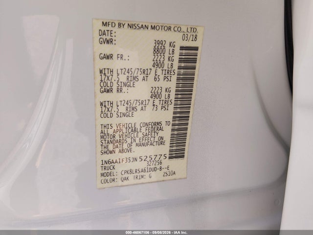 2018 Nissan Titan Xd S Gas მანქანა იყიდება აუქციონზე, vin: 1N6AA1F35JN525775, აუქციონის ნომერი: 46067106