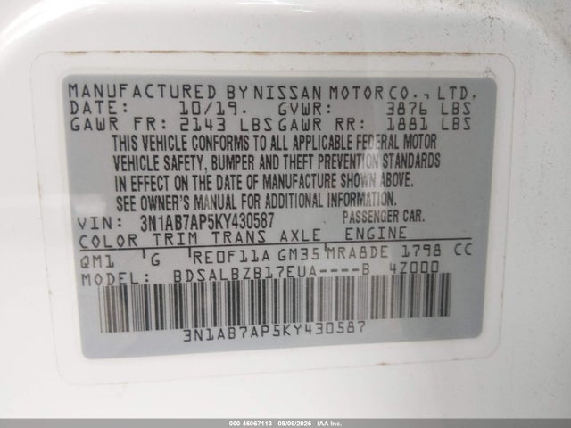 46067113 :رقم المزاد ، 3N1AB7AP5KY430587 vin ، 2019 Nissan Sentra S مزاد بيع