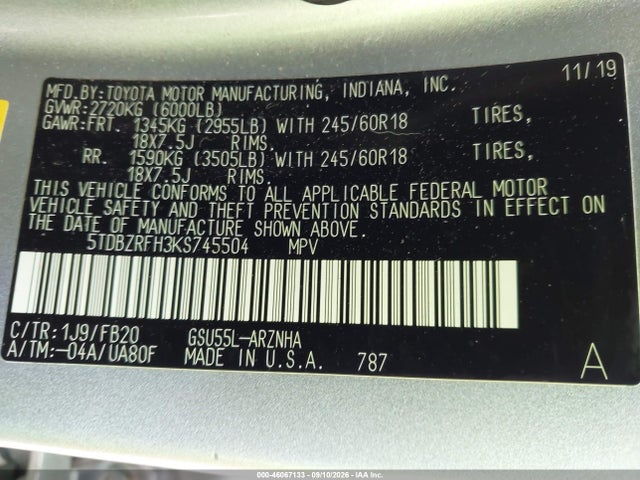 Продаж на аукціоні авто 2019 Toyota Highlander Le, vin: 5TDBZRFH3KS745504, номер лоту: 46067133