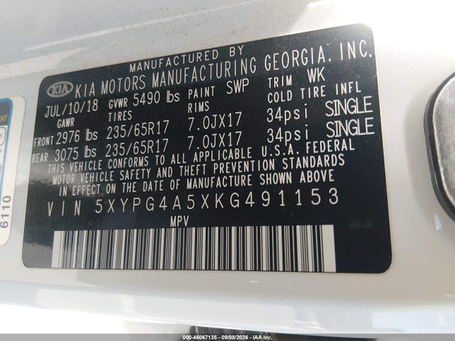 5XYPG4A5XKG491153 KIA Sorento 3.3l Lx