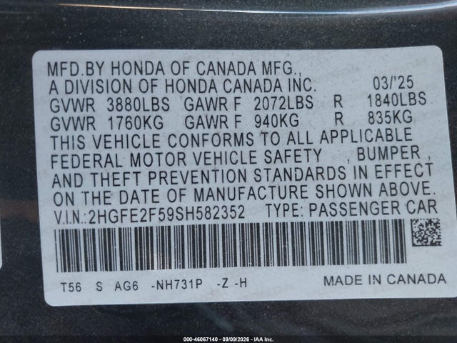 Honda Civic Sport 2025 2HGFE2F59SH582352 Image 9