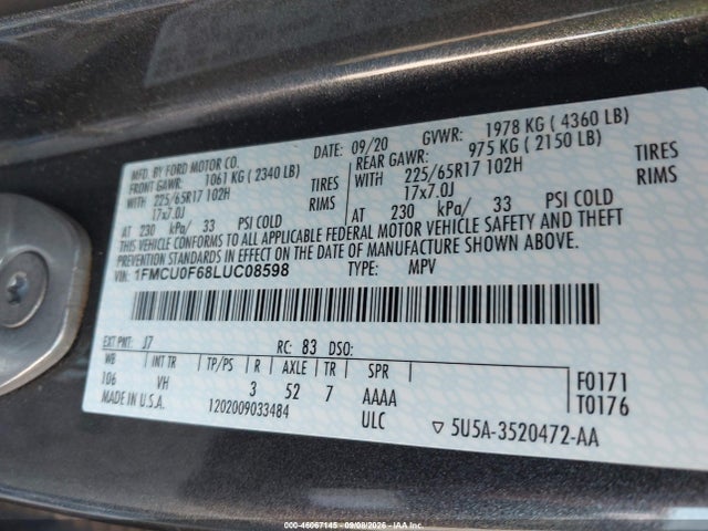 Aukcja sprzedaży 2020 Ford Escape S, vin: 1FMCU0F68LUC08598, numer aukcji: 46067145