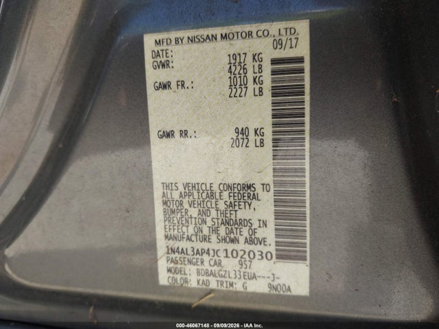 2018 Nissan Altima 2.5 S მანქანა იყიდება აუქციონზე, vin: 1N4AL3AP4JC102030, აუქციონის ნომერი: 46067148