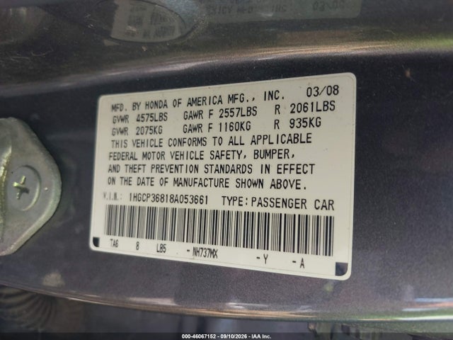 Aukcja sprzedaży 2008 Honda Accord 3.5 Ex-l, vin: 1HGCP36818A053661, numer aukcji: 46067152