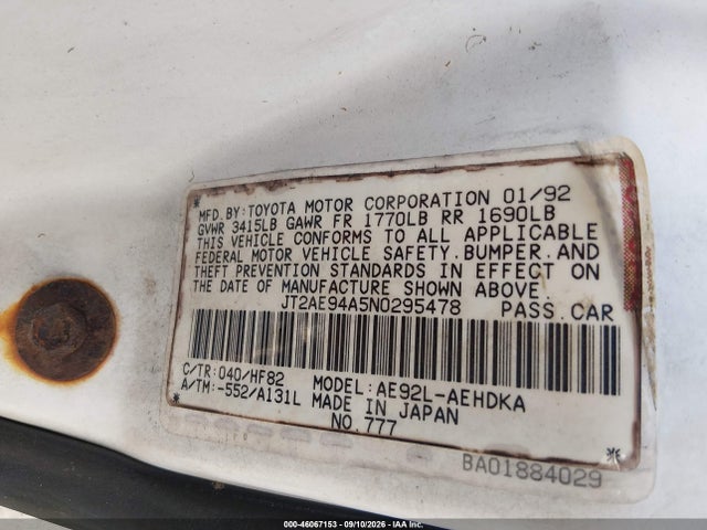 46067153 :رقم المزاد ، JT2AE94A5N0295478 vin ، 1992 Toyota Corolla Dlx مزاد بيع