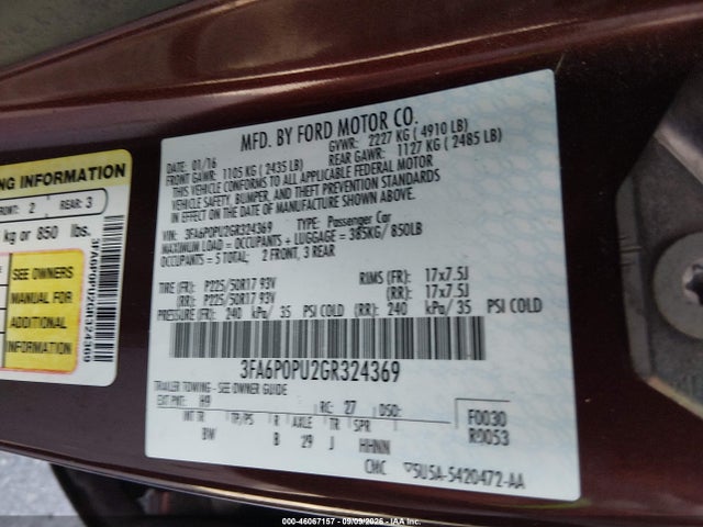 Продажа на аукционе авто 2016 Ford Fusion Energi Se Luxury, vin: 3FA6P0PU2GR324369, номер лота: 46067157