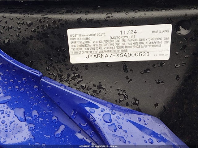 2025 Yamaha Yzf1000 მანქანა იყიდება აუქციონზე, vin: JYARNA7EXSA000533, აუქციონის ნომერი: 46067160
