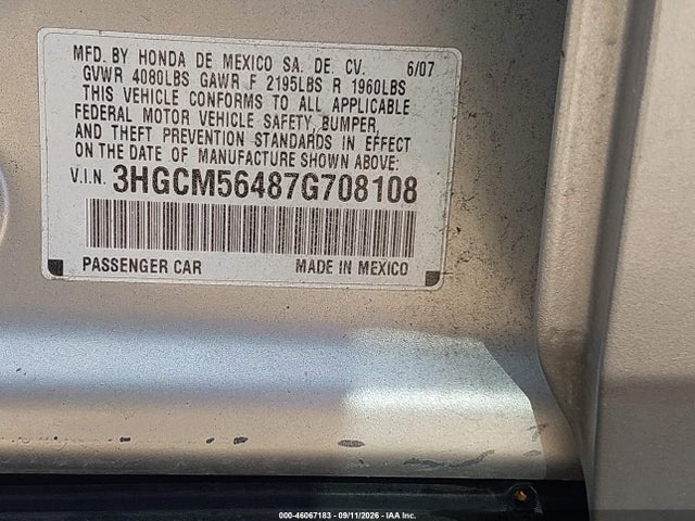 46067183 :رقم المزاد ، 3HGCM56487G708108 vin ، 2007 Honda Accord 2.4 Lx مزاد بيع