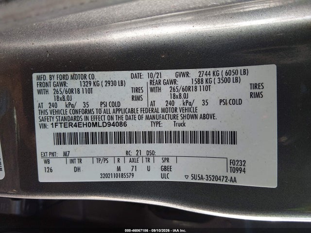 46067186 :رقم المزاد ، 1FTER4EH0MLD94086 vin ، 2021 Ford Ranger Lariat مزاد بيع