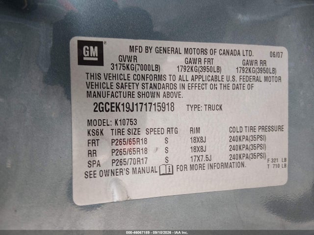 Продажа на аукционе авто 2007 Chevrolet Silverado 1500 Lt2, vin: 2GCEK19J171715918, номер лота: 46067189