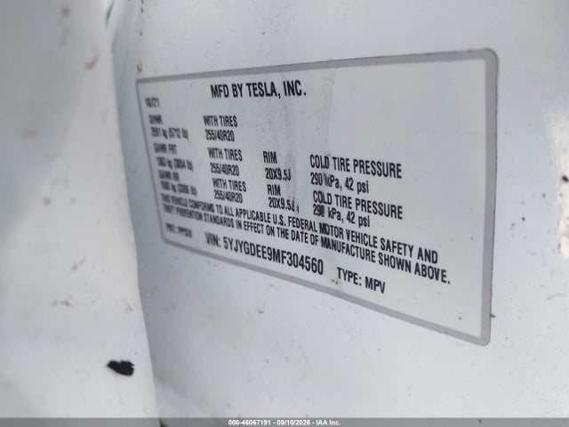Продаж на аукціоні авто 2021 Tesla Model Y Long Range Dual Motor All-wheel Drive, vin: 5YJYGDEE9MF304560, номер лоту: 46067191