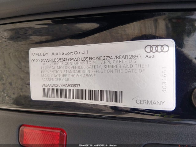 46067211 :رقم المزاد ، WUAAWCF53MA900837 vin ، 2021 Audi Rs 5 Sportback Tfsi Quattro Tiptronic مزاد بيع