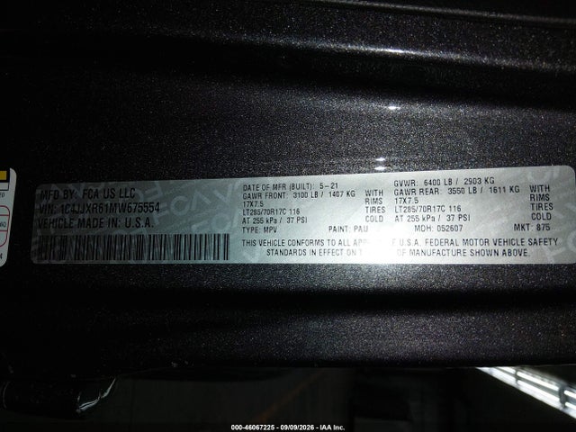 46067225 :رقم المزاد ، 1C4JJXR61MW675554 vin ، 2021 Jeep Wrangler 4xe Unlimited Rubicon 4x4 مزاد بيع