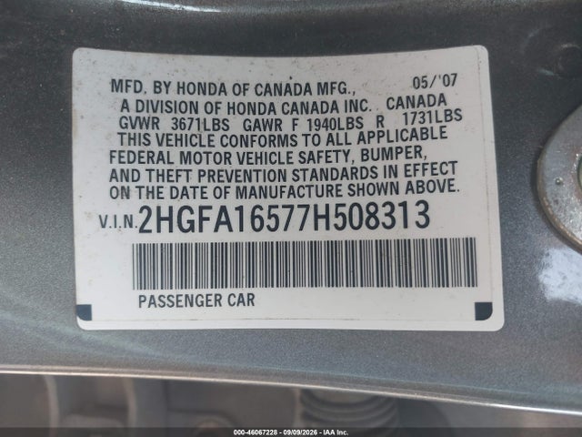 Продаж на аукціоні авто 2007 Honda Civic Lx, vin: 2HGFA16577H508313, номер лоту: 46067228