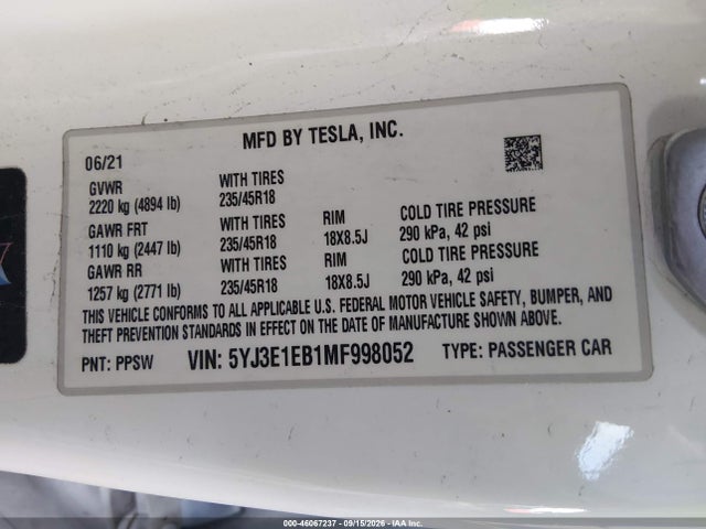 Aukcja sprzedaży 2021 Tesla Model 3 Long Range Dual Motor All-wheel Drive, vin: 5YJ3E1EB1MF998052, numer aukcji: 46067237