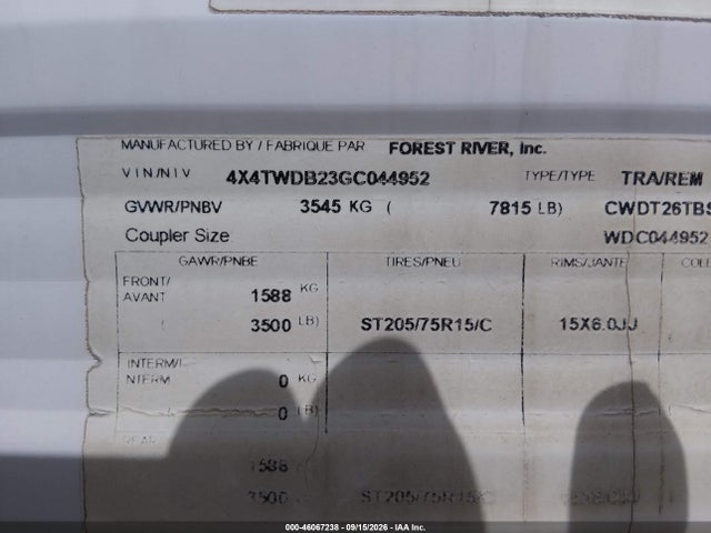 2016 Forest River Wildwood მანქანა იყიდება აუქციონზე, vin: 4X4TWDB23GC044952, აუქციონის ნომერი: 46067238