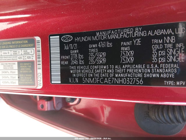 Aukcja sprzedaży 2022 Hyundai Tucson Sel, vin: 5NMJFCAE7NH032756, numer aukcji: 46067269