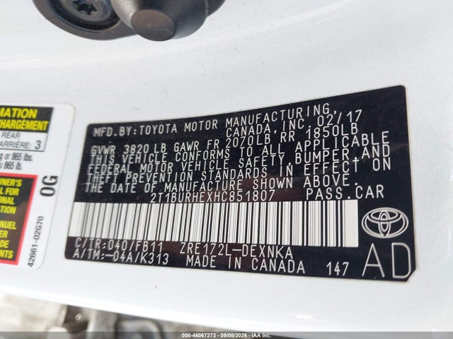 Продажа на аукционе авто 2017 Toyota Corolla Le, vin: 2T1BURHEXHC851807, номер лота: 46067273