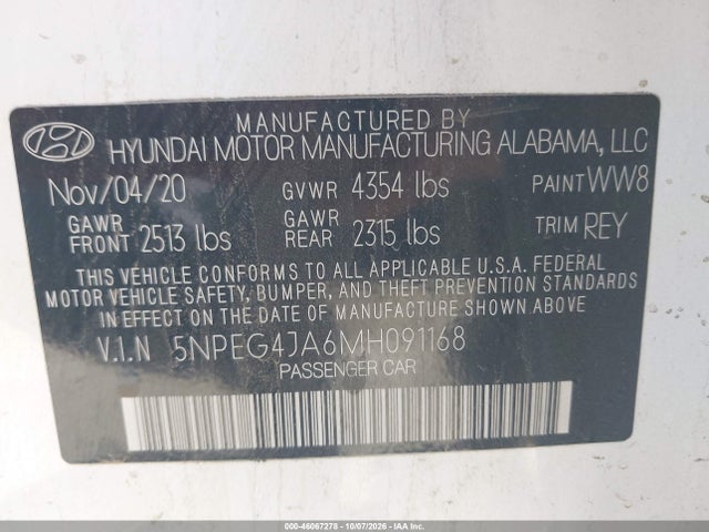Aukcja sprzedaży 2021 Hyundai Sonata Se, vin: 5NPEG4JA6MH091168, numer aukcji: 46067278