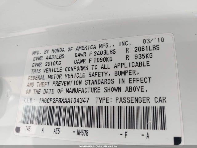 Продажа на аукционе авто 2010 Honda Accord 2.4 Ex-l, vin: 1HGCP2F8XAA104347, номер лота: 46067280