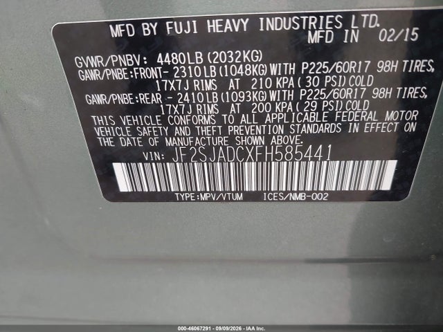 Aukcja sprzedaży 2015 Subaru Forester 2.5i Premium, vin: JF2SJADCXFH585441, numer aukcji: 46067291