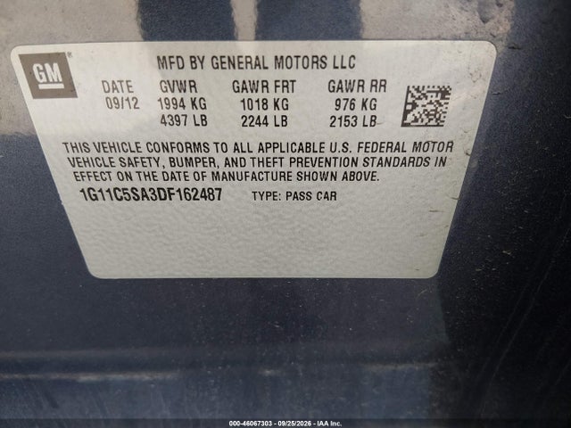 Aukcja sprzedaży 2013 Chevrolet Malibu 1lt, vin: 1G11C5SA3DF162487, numer aukcji: 46067303