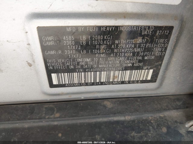 Продажа на аукционе авто 2012 Subaru Outback 2.5i Premium, vin: 4S4BRBCC4C3267561, номер лота: 46067308