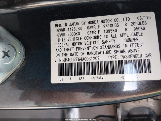 Aukcja sprzedaży 2010 Acura Tsx 2.4, vin: JH4CU2F64AC031209, numer aukcji: 46067310