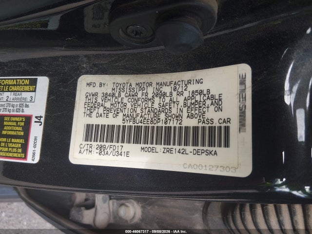 Aukcja sprzedaży 2013 Toyota Corolla S, vin: 5YFBU4EE8DP107172, numer aukcji: 46067317