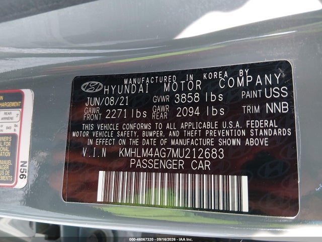 Auction sale of the 2021 Hyundai Elantra Sel, vin: KMHLM4AG7MU212683, lot number: 46067320