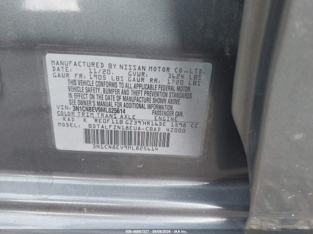 Aukcja sprzedaży 2021 Nissan Versa Sv Xtronic Cvt, vin: 3N1CN8EV9ML825614, numer aukcji: 46067327