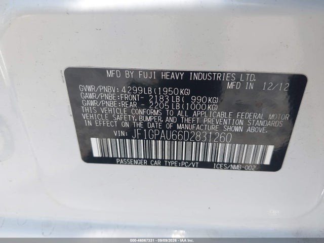 Aukcja sprzedaży 2013 Subaru Impreza 2.0i Sport Limited, vin: JF1GPAU66D2831260, numer aukcji: 46067331