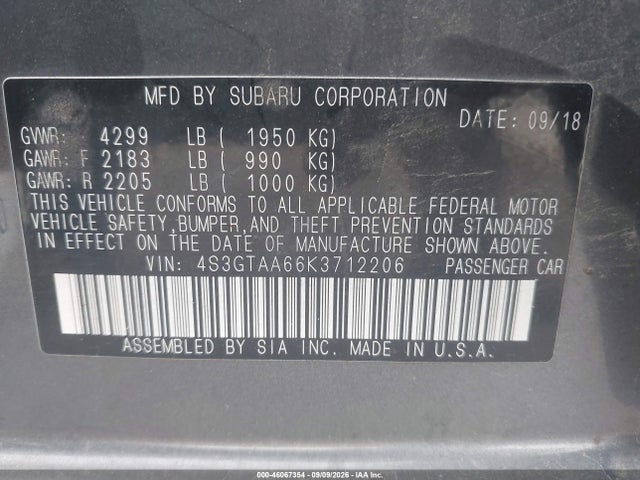 46067354 :رقم المزاد ، 4S3GTAA66K3712206 vin ، 2019 Subaru Impreza 2.0i مزاد بيع